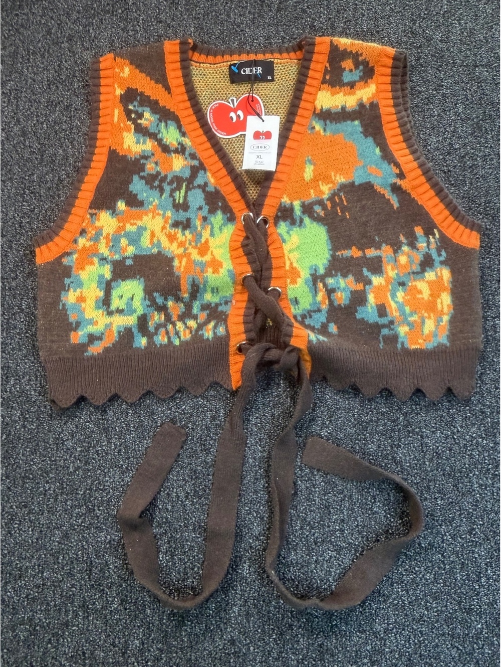 NWT Cider Women's XL Knit Vest with Tie Front in Brown and Orange